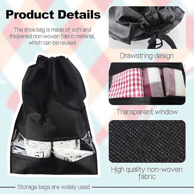 Shoe Bags for Travel,12PCS Black Travel Shoe Bags for Packing,Non-woven Shoe Bags for Storage,Shoe Bags for Travel Women & Man,Portable Shoes Organizer Pouch with Rope,Dust-proof Shoe Bag 13 x 17.32“