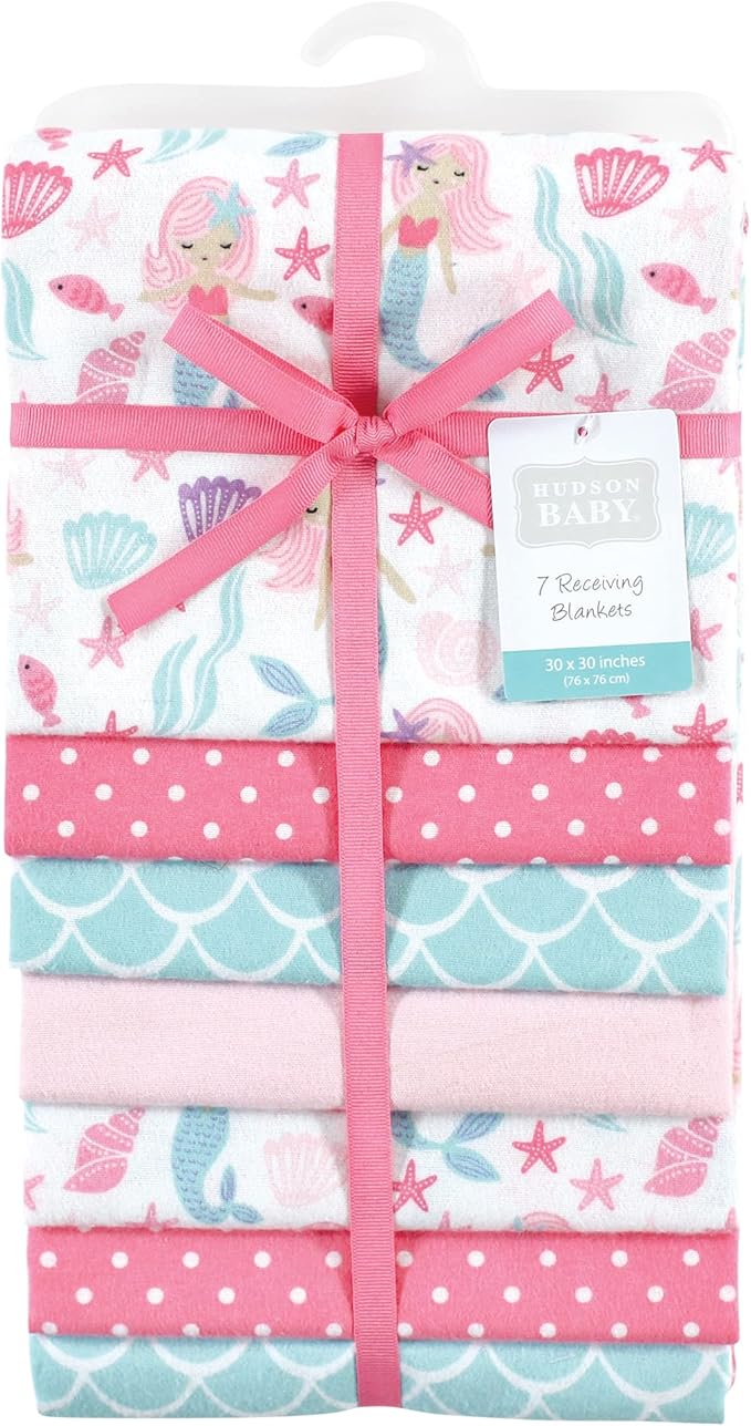 Hudson Baby Unisex Baby Cotton Flannel Receiving Blankets Bundle, Mermaid, One Size