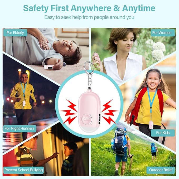 Hion Personal Safety Alarm for Women, 2 Pack Rechargeable 130dB Self Defense Alarm Keychain with LED Flashlight, Emergency Safe Sound Security for Children Elderly College Girls Men, Pink+Blue