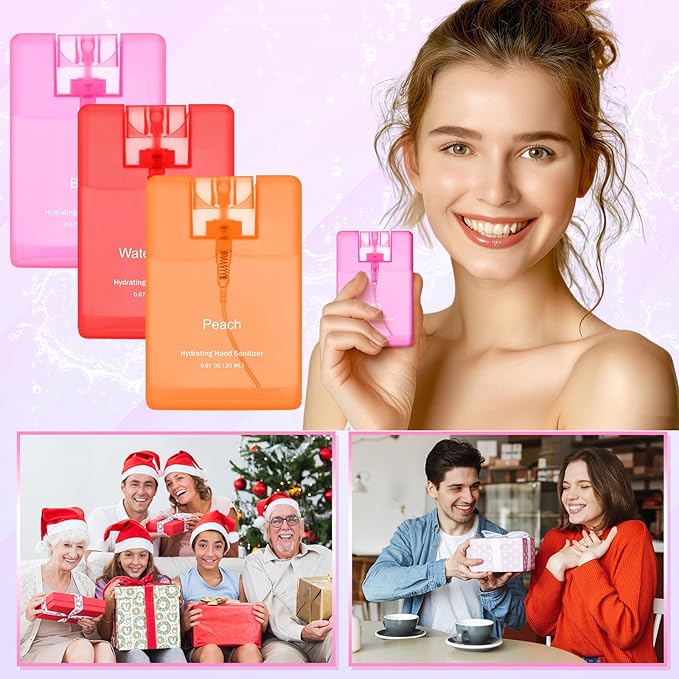 Set of 3 Power Mist Hydrating Hand Sanitizer Spray Bulk Travel Size Portable Hand Sanitizer 0.67 Fl. oz Compact Card Spray Bottle Watermelon Peach Berry Scent for Pocket Bag Purse Car Backpack