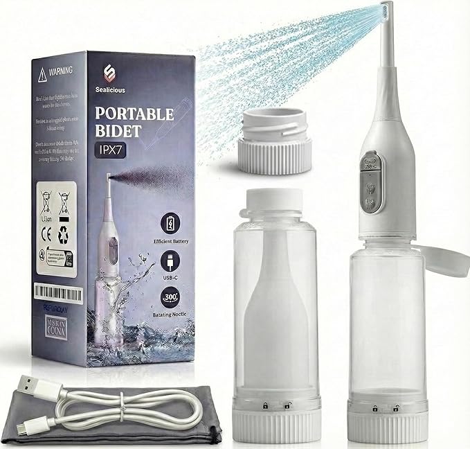 Portable Bidet Sprayer with 360° Nozzle | USB-C Rechargeable Bidet Comes with 205 ml Water Bottle & Dual Modes | Waterproof Handheld Electric Travel Bidet for Women, Men, Babies & Personal Hygiene