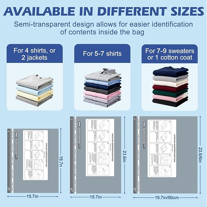 Fantictas Travel Vacuum Storage Bags with Rechargeable Air Pump, 12 Pack Portable Space Saver Compression Bags for Clothing, Bedding, Seasonal Storage & Packing