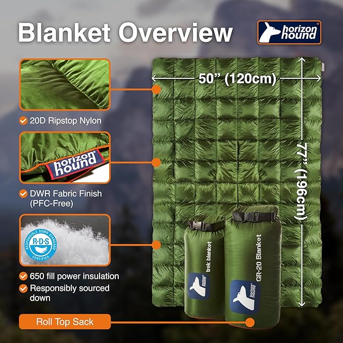 Horizon Hound Down Camping Blanket 650 Fill Power - Ultralight Backpacking Quilt (1lb 6oz) Warm & Water-Resistant 20D Nylon Shell for Outdoors, Camping, Hiking, Travel, & Stadium - Packable