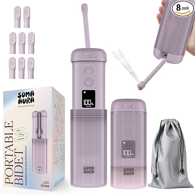 Portable Bidet - 250ml Rechargeable Electric Handheld Bidet with 5 Adjustable Spray Modes, 8 Replaceable Nozzles for Peri Bottle for Travel, Perineal, Postpartum & Post-Surgery Care (Purple)