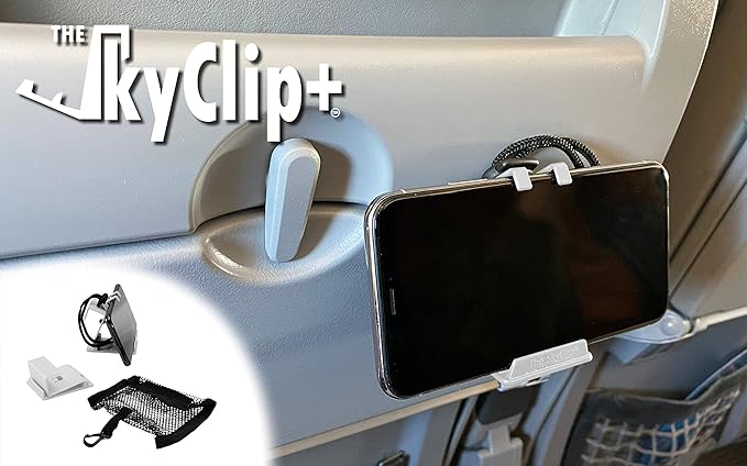 The SkyClip+ Phone & Tablet Holder for Air Travel, Home and Office Use - Inflight Phone Mount & Stand Compatible with iPhone, Android, Kindle and Tablets - Ultimate Travel Accessory (White)