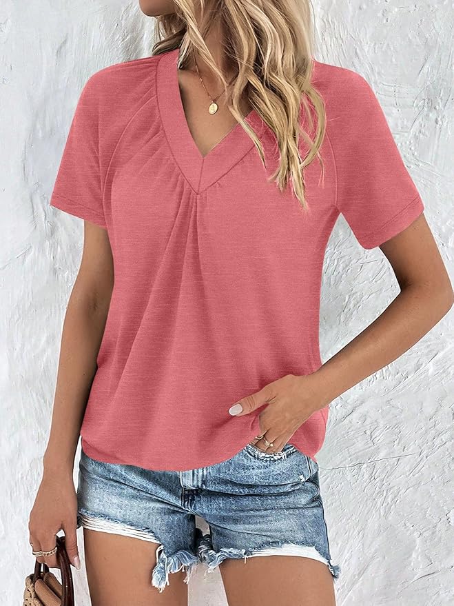 AUTOMET Womens Tops Short Sleeve V Neck T Shirts 2026 Summer Spring Beach Vacation Clothes Casual Loose Ruched Top