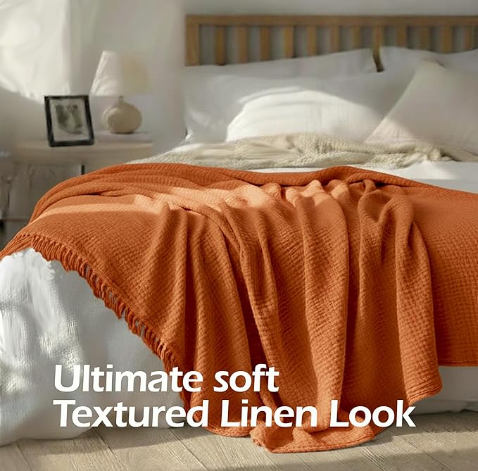 KyraHome 100% Cotton Throw Blankets for Adults, 60"x80" Muslin Blankets for Couch, Picnic, Plant-Dyed, Lightweight Breathable Blanket, All Season, (Terracotta/Burnt Orange)