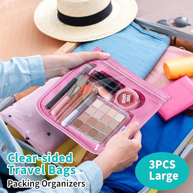 HIONXMGA TSA Approved Toiletry Bag, Set of 3 Clear Travel Toiletry Bag Quart Size Zipper Travel Pouch, Waterproof Makeup Cosmetic Bag for Women Men Kids Toiletries Carry on, Pink Large