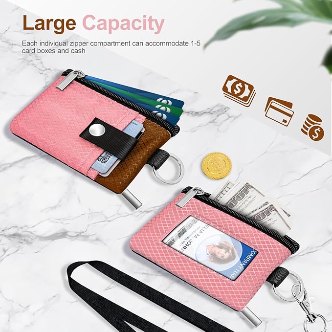 Minimalist RFID Blocking Small Wallet with ID Window,WaterResistant Zip Id Case Wallet with Lanyard Keychain for Cards,Cash,Travel,Women,Men (Pink/Brown)