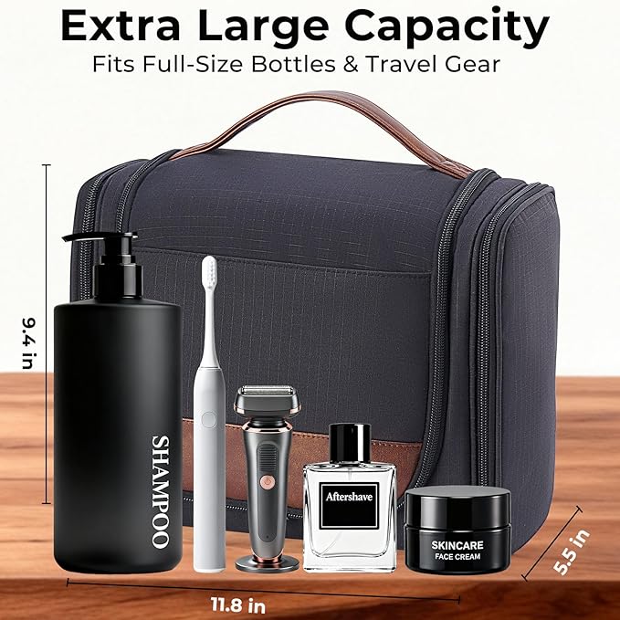 Ralnitote Large Hanging Toiletry Bag for Men, Travel Bathroom Bag with Hook, Hygiene Bag Organizer for Shower, Shaving & Grooming Essentials, Black