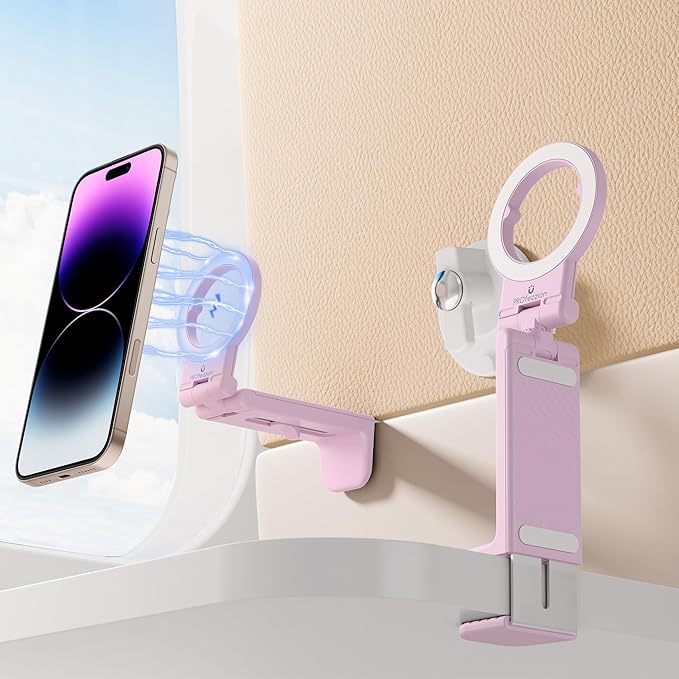 PROfezzion Magnetic Airplane Phone Holder for MagSafe iPhone 17, 16, 15, 14, 13, 12 & All Phones, Handsfree Plane Phone Mount for Seat Tray Table, Travel Essentials Must Have Accessories for Flying
