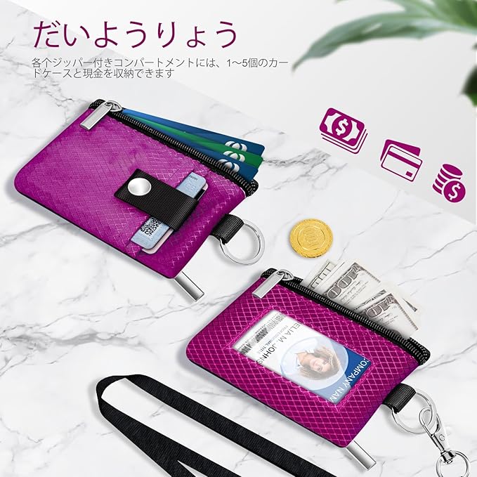 Minimalist RFID Blocking Small Wallet with ID Window,WaterResistant Zip Id Case Wallet with Lanyard Keychain for Cards,Cash,Travel,Women,Men (Purplish Red)