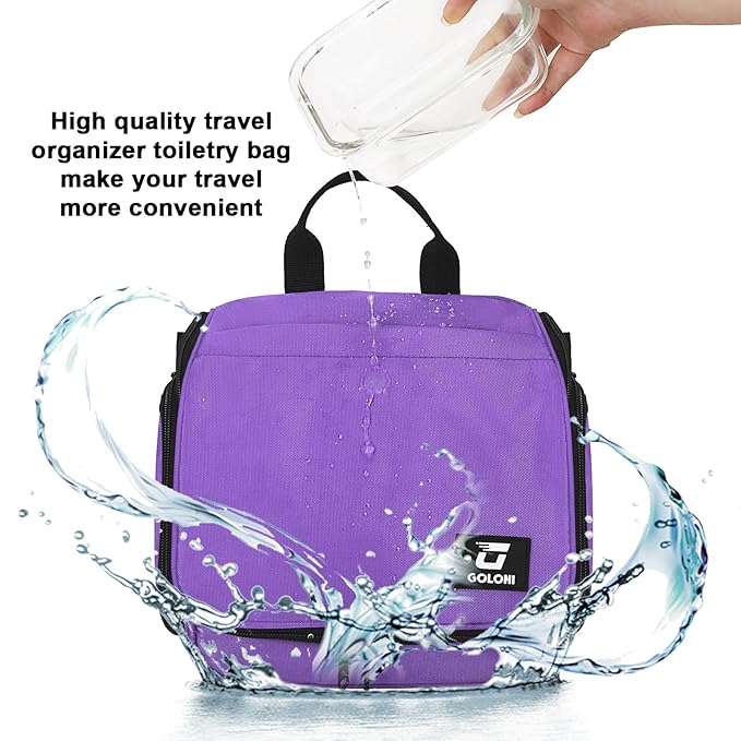 Goloni Hanging Toiletry Bag, 10 Compartments Water-Resistant Makeup Bag with 360° Spinning Metal Hook, Large Travel Cosmetic Organizer for Men & Women, Purple (7.05oz)