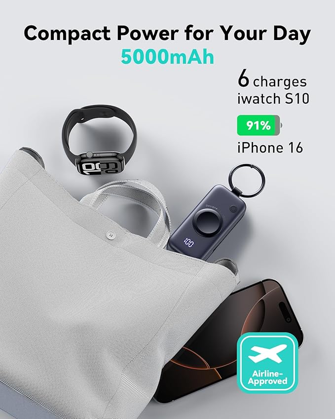 INIU 3-in-1 Portable Charger, 5000mAh Power Bank with Watch Charger & Built-in Cable, Compact 20W Fast Charging Battery Pack, Key Chain & Travel Essential for iPhone 16 15, Apple Watch,etc