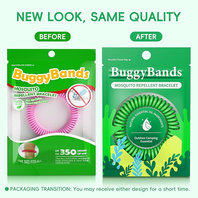 BuggyBands Mosquito Bracelets, 50 Pack Individually Wrapped, DEET Free, Natural and Waterproof Band for Adults & Kids