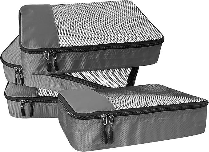WTREE 4-Piece Packing Cubes Travel Accessories Set for Suitcases - Luggage Organizer Bags with Double Zipper - Mesh Top - Medium - Dark Grey