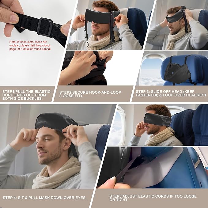 Travel Pillows for Airplanes, 2 Pack Airplane Head Strap with Silk Eye Mask for Sleeping, Long Flights & Car Road Trips 360°Headrest Neck Support, Stops Bobbing, Small & Compact (Pink+Black)