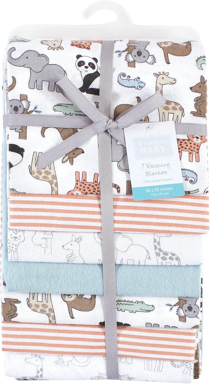 Hudson Baby Unisex Baby Cotton Flannel Receiving Blankets Bundle, Zoo Animals, One Size (Pack of 2)