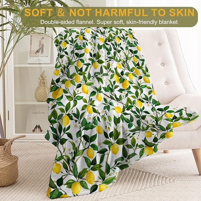 Lemon Flannel Blanket - Fresh and Vibrant Citrus Throw - Lightweight Soft Cozy Gifts Blankets for Kids Teen Adult & Fruit Lovers,Modern Home Room Bedroom Bright Decor 40x50in