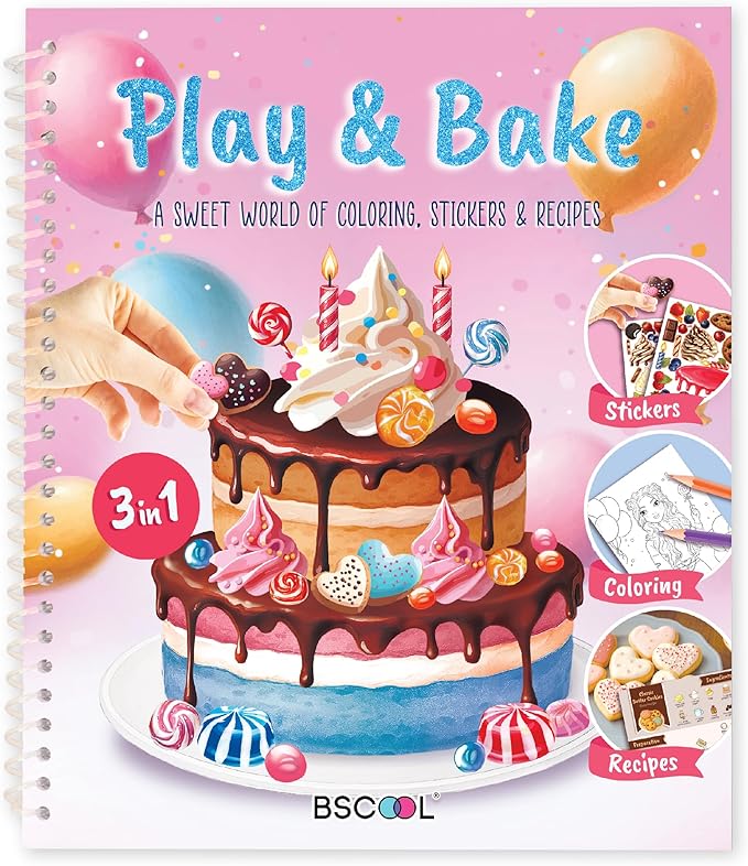 BSCOOL - Drawing, Coloring & Activity Book: Play and Bake with Stickers, Guides and Recipes. Dress Up Your Cake Design for Kids 5 and Up. Easter Gift for Girls