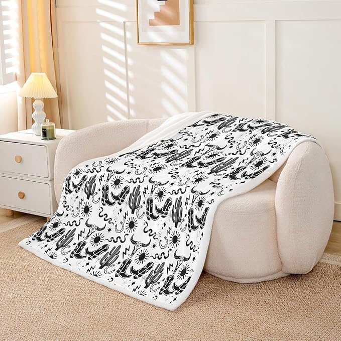 Western Cowboy Kids Throw Blanket,Horseshoe Cowboy Boots Cow Skull Bed Blanket for Girls Boys Adults,Sun Starry Sky Snake Fleece Blanket,Rustic Retro Fuzzy Blanket,Twin Size (60 x 80 Inches)