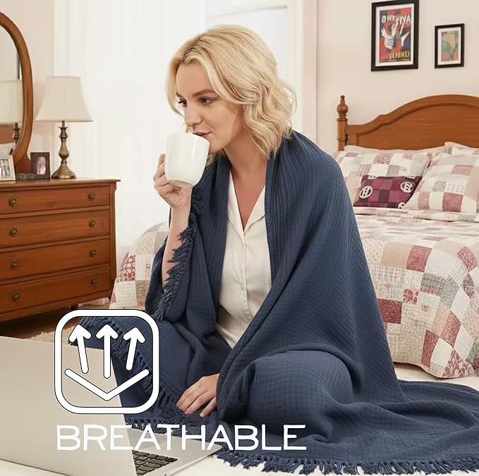 KyraHome Muslin Blankets for Adults, 50"x60" 100% Organic Cotton Throw Blanket, Plant Dyed, Breathable, Lightweight Gauze Cotton Blanket for Couch, Bed, Travel, All Season (Navy Blue)