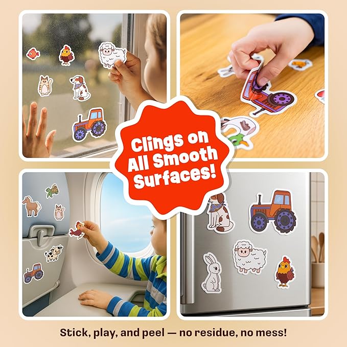 Reusable Jelly Sticker Book - Farm, 7 Scenes - 50 Thick Washable Stickers for Toddlers & Kids: Animals Stickers for Kids, Gift for Ages 3-5 Years Old - Toddler Travel Toys 2-4, Road Trip Activities