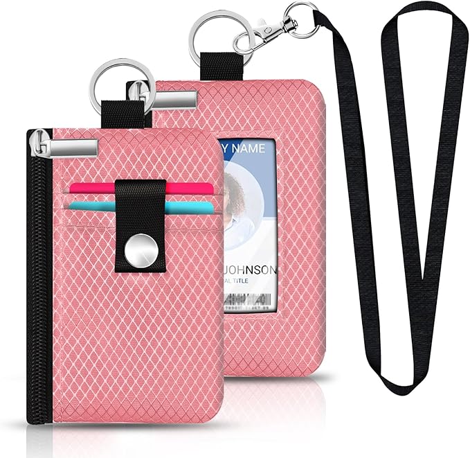 Minimalist RFID Blocking Small Wallet with ID Window,WaterResistant Zip Id Case Wallet with Lanyard Keychain for Cards,Cash,Travel,Women,Men (Pink)