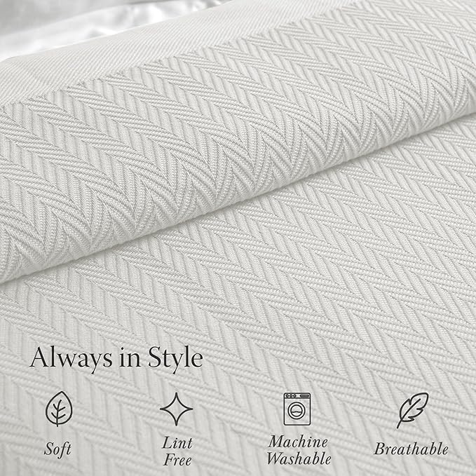 Threadmill Luxury Cotton Blankets for Queen Size Bed | All-Season 100% Cotton Queen Size Blanket | Herringbone Cozy, Soft Breathable Fall Thermal Blanket fits Full Size Bed | Tusk White