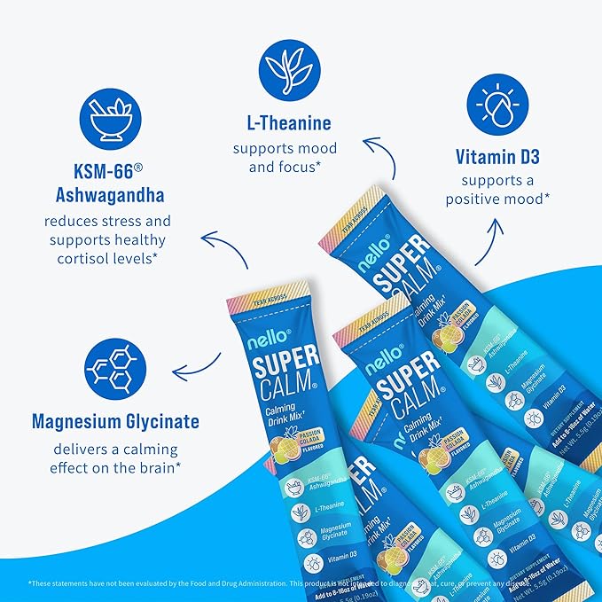 Nello Supercalm Powdered Drink Mix, Cortisol Reducer* and Sleep Aid Supplement, L Theanine, Ksm-66 Ashwagandha, Magnesium Glycinate, Vitamin D 3, No Sugar, Non GMO, On The Go, 20 Ct, Passion Colada