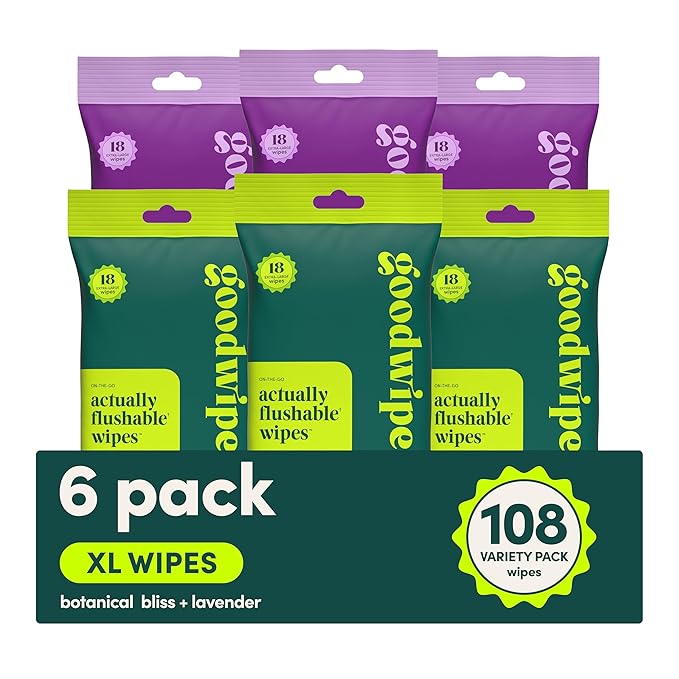goodwipes Flushable Wipes Travel Size - Extra Large Adult Wet Wipe - On-the-Go Portable Wipes - Sewer & Septic Safe - Hygiene Essentials - Botanical Bliss & Lavender, 108 Count (6 Packs)