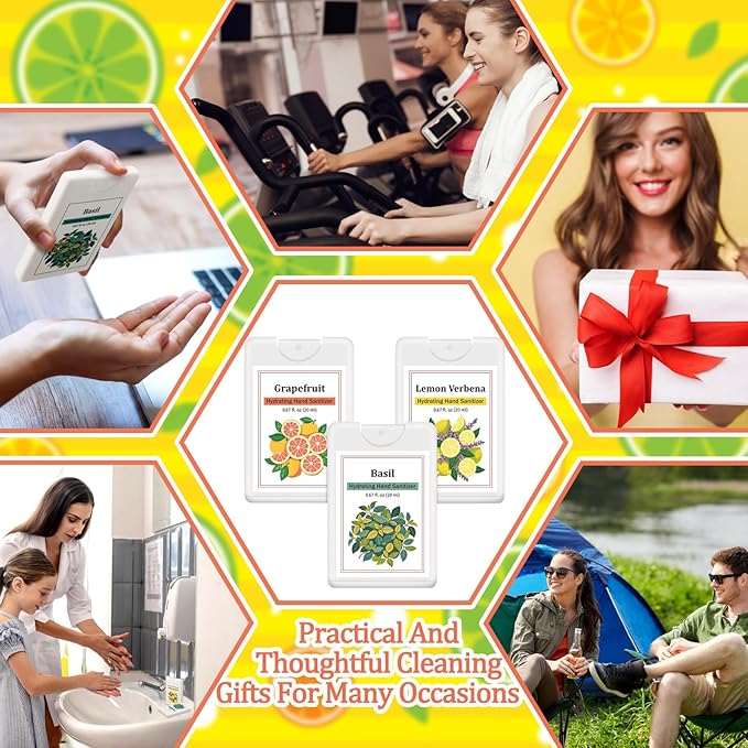 Set of 3 Power Mist Hydrating Hand Sanitizer Spray Bulk Travel Size Moisturizing Hand Sanitizer 0.67 Fl. oz Compact Card Spray Bottle Grapefruit Lemon Verbena Basil for Personal Use Friend Gift