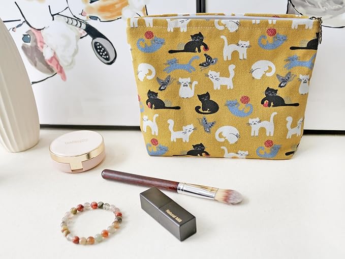 HAPPYHEIDI Canvas Pouch Travel Organizer, Brown Cats, Cotton Blend, Animal Print, Zipper Closure, 7.1x2.4x7 Inches