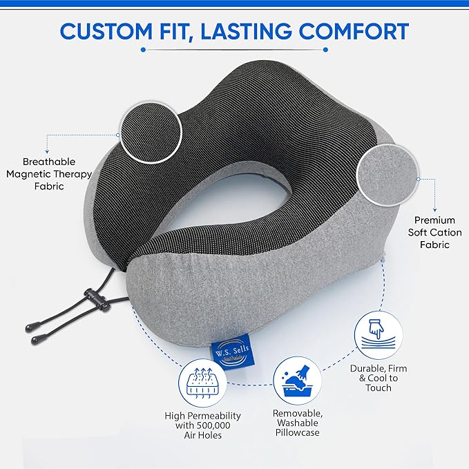 W.S. Sells Travel Neck Pillows for Airplanes - Pure Memory Foam with Ergonomic Design & Breathable Fabric - Travel Pillows for Airplanes & Cars - Set of Travel Essentials with Sleep Mask & Ear Plugs