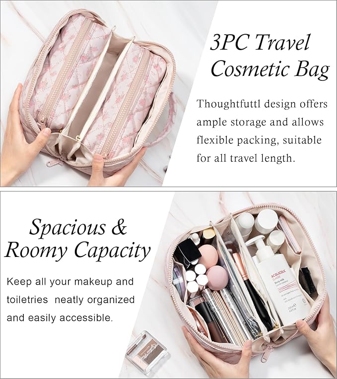 Travel Makeup Bag, 3 Pcs Large Capacity Puffy Toiletry Bag for Women, Open Flat Make up Cosmetic Organizer w/Handle & Clear Divider Water-resistant Portable Pouch Travel Essentials, M-Pink Rose