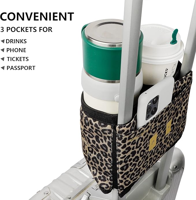 riemot Luggage Travel Cup Holder Free Hand Drink Carrier - Hold Two Coffee Mugs - Fits Roll on Suitcase Handles - Gifts for Flight Attendants Travelers Accessories Leopard