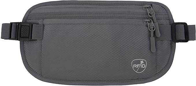 SUPACOOL Money Belt, Hidden Travel Wallet for Passport, RFID Blocking Passport Pouch, Undercover Fanny Pack(Grey)