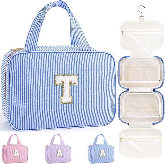 TOPEAST Hanging Toiletry Bag for Women - Travel Toiletry Bag Makeup Bag, Portable Toiletries Cosmetic Bag, Airplane Travel Essentials - Letter T, Blue