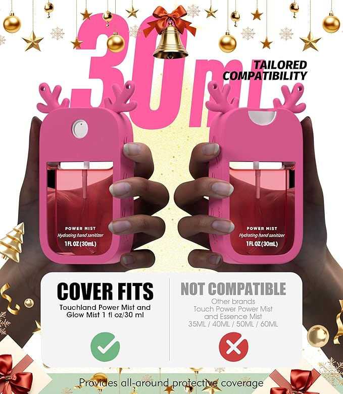 Sonnorel 1 Pack Elk Silicone Case Compatible with Touchland Hand Sanitizer Spray (Fit for 1 FL OZ/30 mL Ver), Portable keychain, Small Bell, Cute Deer Antlers (Rose Pink)