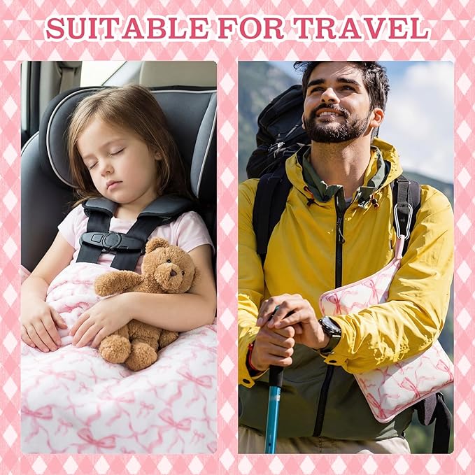 Gilprop Pink Bow Travel Blanket Airplane Compact with Bag 2 in 1 Soft Preppy Fleece Travel Blanket and Pillow Set with Luggage Sleeve Backpack Clip Compact Lightweight Airplane Essentials