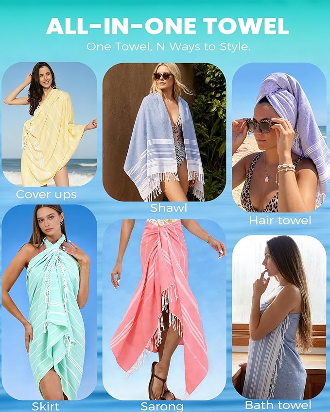2 Pack Turkish Beach Towel Vacation Essentials Quick Dry Sand Free Soft Absorbent Adult Oversized Bath Pool Swim Long Wide Stripe Towel Sound Cloud Linen Sandfree Chamoi Mat Summer Thing Thin Travel