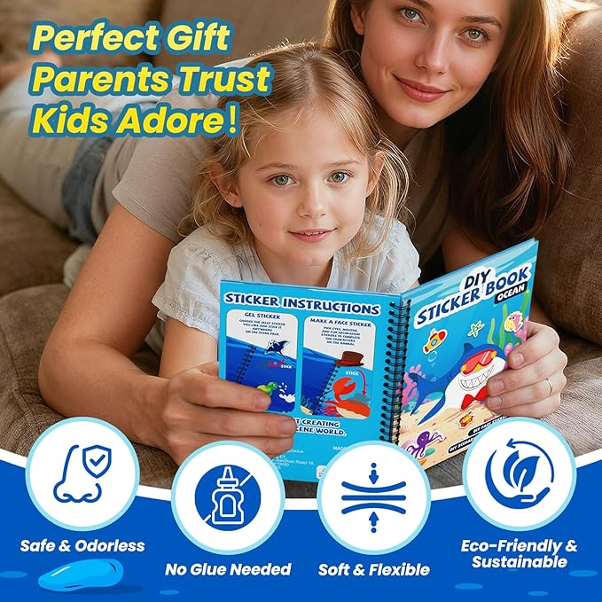 Ocean Reusable Sticker Book for Toddlers, DIY Make-a-face Animals Jelly Fun 3D Stickers, Washable Puffy Stickers for Kids Toys, Airplane Road Trip Travel Activities Essentials for Kids 3 4 5 Years