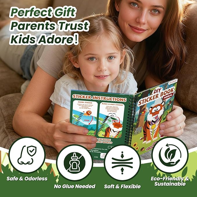 Animals Reusable Sticker Book for Toddlers, DIY Make-a-face Animals Jelly Fun 3D Stickers, Washable Puffy Stickers for Kids Toys, Airplane Road Trip Travel Activities Essentials for Kids 3 4 5 Years