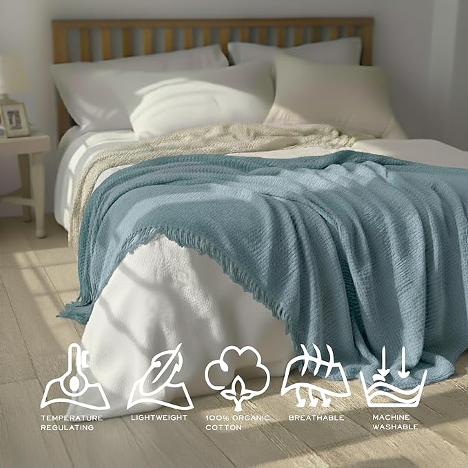 KyraHome 100% Cotton 104"x90" King Size Cotton Blankets for Adults, Kids, Couch, Plant Dyed Pre-Washed Breathable Lightweight Gauze Muslin Bed Blanket, All Season, Slate Blue