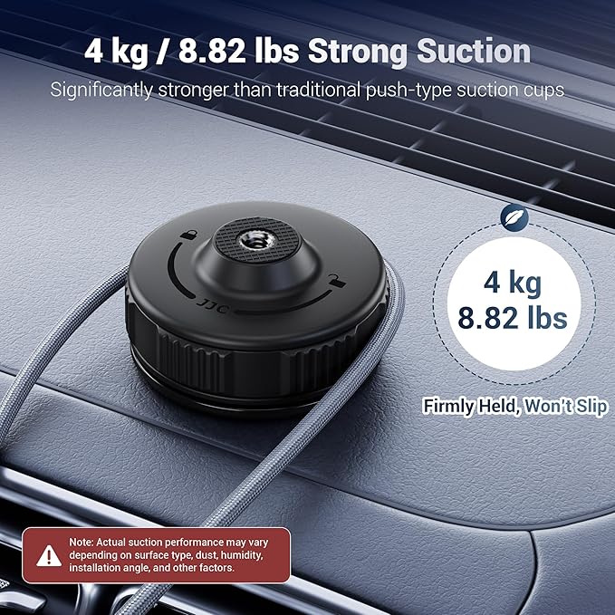 JJC Portable Camera Suction Cup Mount with 1/4" Female Hole, Twist-Lock Vacuum Suction Mount Compatible with DJI Pocket 4/3, Action 6/5 Pro/4, Gopro Hero 13, Insta360 X5 & Phones for Video Recording