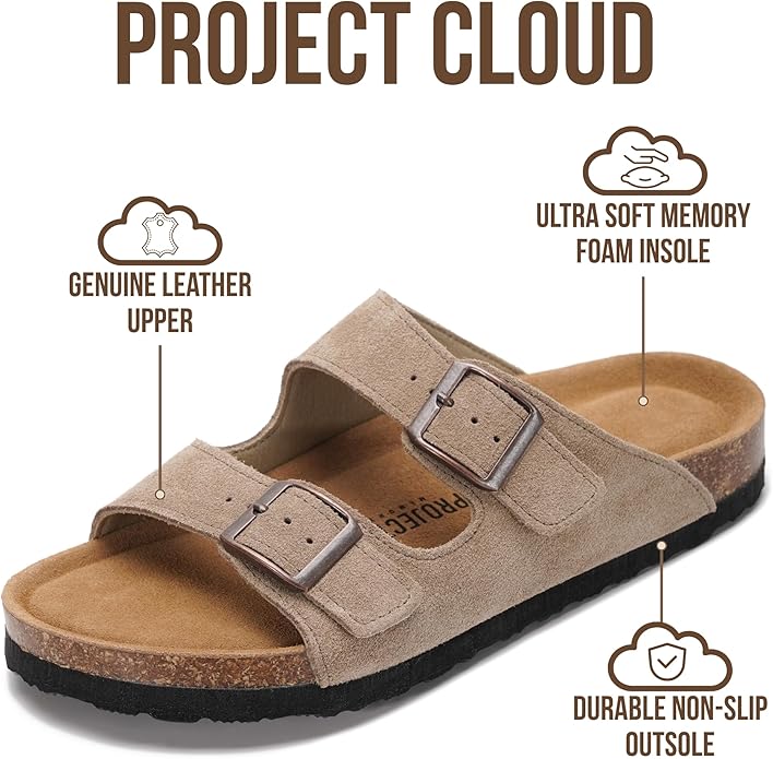 Project Cloud 100% Genuine Leather Flat Sandals For Women 2026 Cork Footbed Womens Sandals with Memory Foam and arch support Vacation Essentials Slides for Women Footwear (Venita)