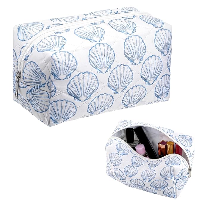 Hillban Ocean Quilted Cosmetic Bag Ocean Themed Gift Starfish Coral Seashell Essential Makeup Bag for Women Summer Travel Vacation Survival Kit Mother's Day Bulk Gift 8.7 x 4.3 x 4.3 in(Seashell)