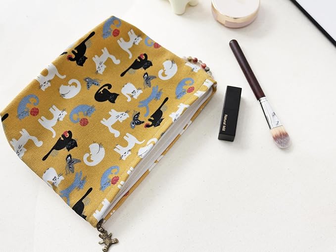 HAPPYHEIDI Canvas Pouch Travel Organizer, Brown Cats, Cotton Blend, Animal Print, Zipper Closure, 7.1x2.4x7 Inches
