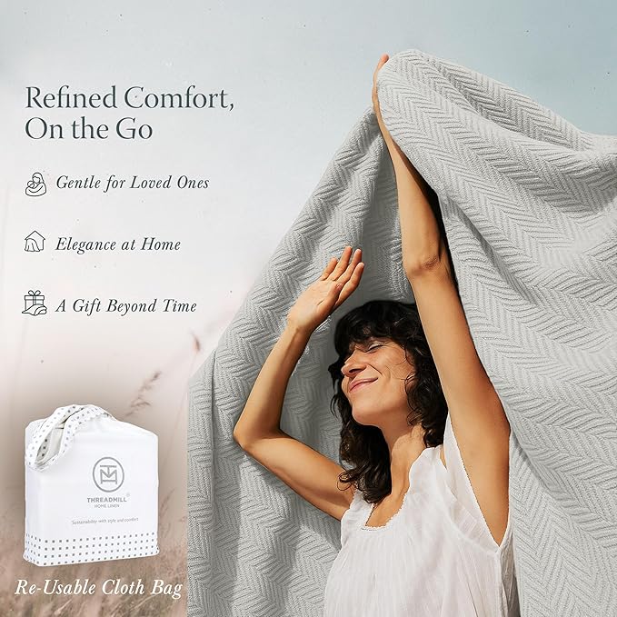 Threadmill Luxury Cotton Blankets for Queen Size Bed | All-Season 100% Cotton Queen Size Blanket | Herringbone Cozy, Soft Breathable Fall Thermal Blanket fits Full Size Bed | Light Grey