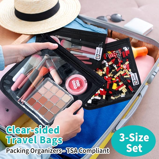 HIONXMGA TSA Approved Toiletry Bag, Set of 3 Clear Travel Toiletry Bag Quart Size Zipper Travel Pouch, Waterproof Makeup Cosmetic Bag for Women Men Kids Toiletries Carry on, Black